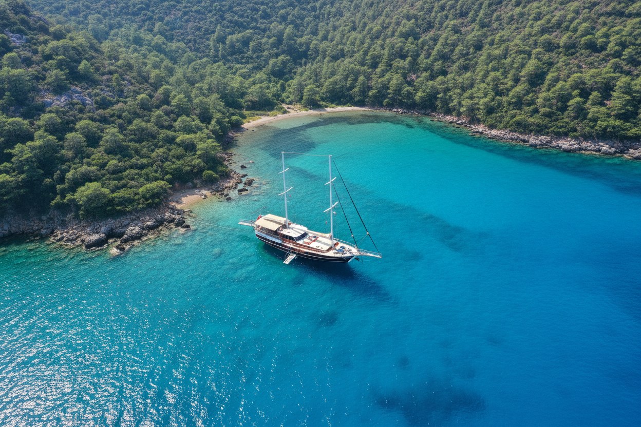 Ormanla çevrili korunaklı bir koyun havadan görünümü, safir ve turkuaz su