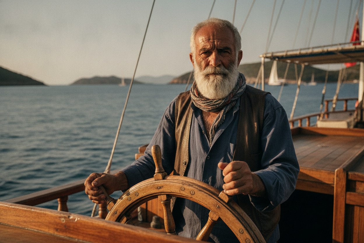 Kaptan Selim Aydın, ahşap dümen başında, Gökova