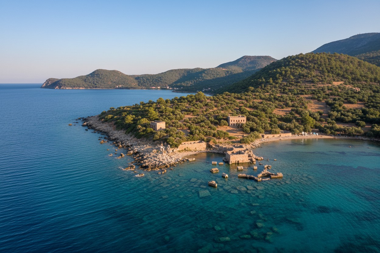 Sahildeki antik kent kalıntıları ve su altındaki taşlar, sabah ışığı