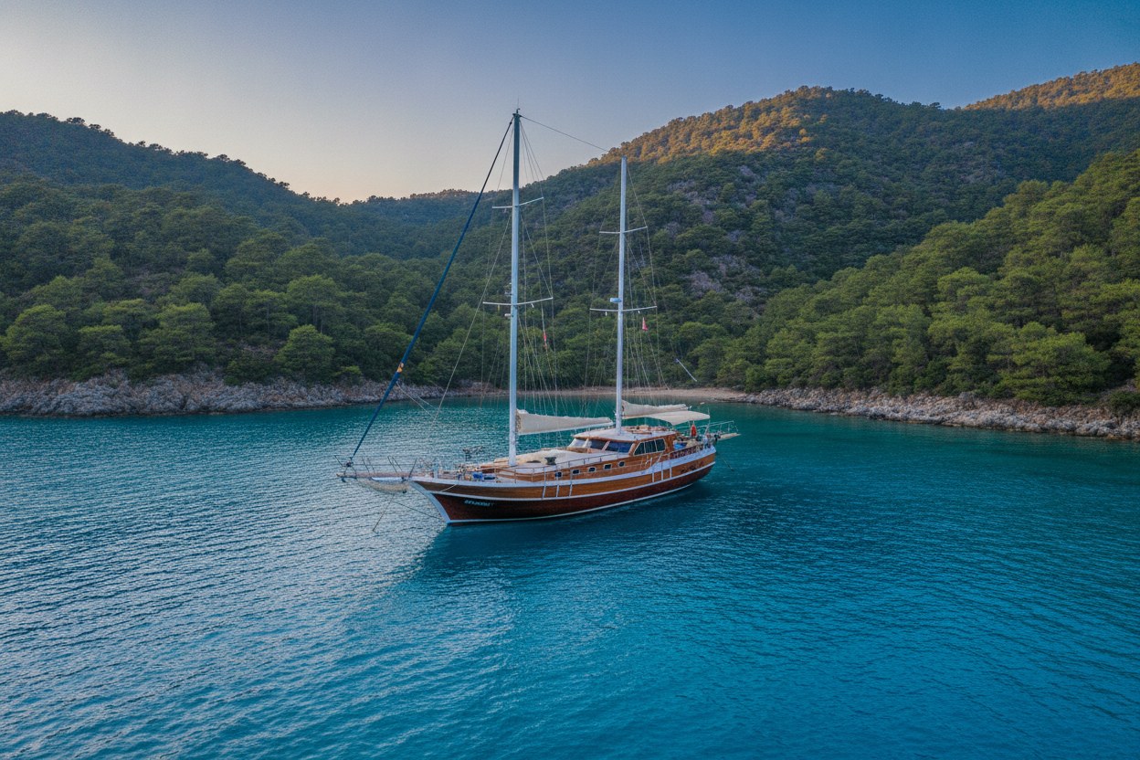 Akyaka açıklarında altın renkli tepelerin altında demirlemiş gulet