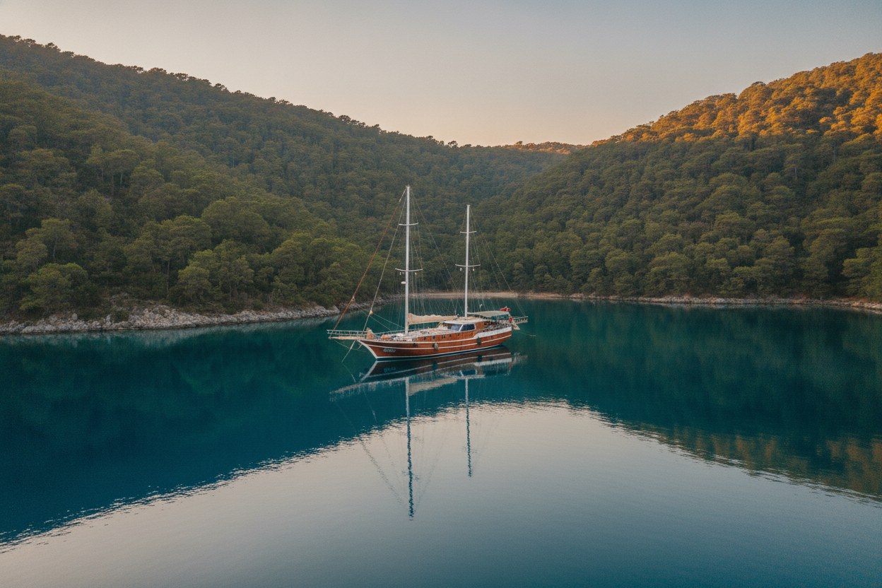 Çam ormanlı sakin bir koyda dingin suya yansıyan ahşap gulet, alacakaranlık